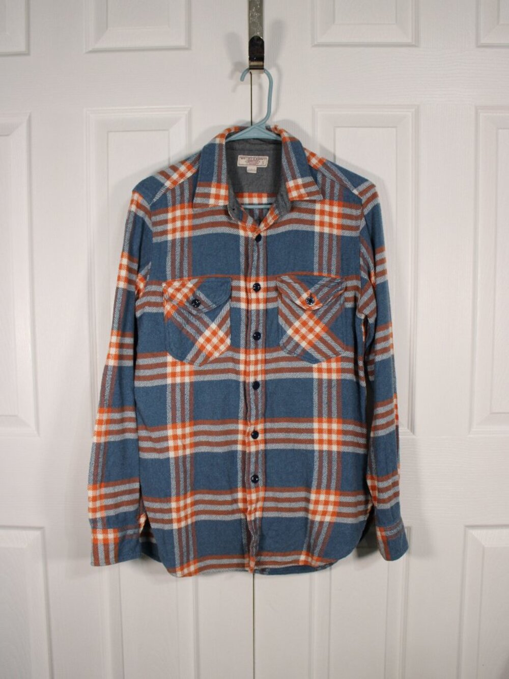 Wallace & Barnes J.Crew Mens Heavyweight Flannel Shirt Size S Blue Orange Plaid
